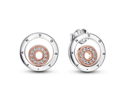 Pandora Logo Sterling Silver And 14K Rose Gold-Plated Stud Earrings With Clear Cubic Zirconia