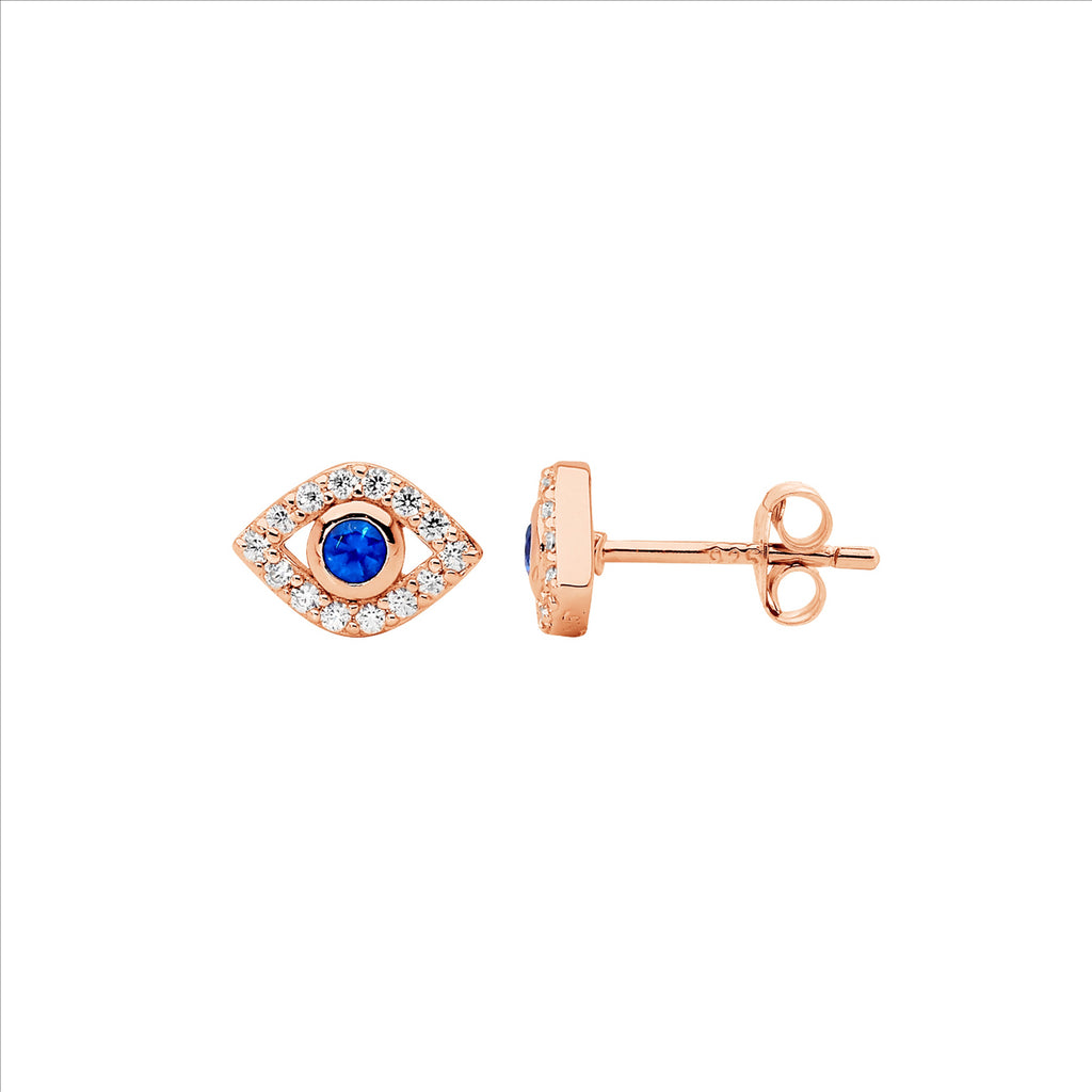 Ss Wh & Blue Cz Bezel Set Evil Eye Earrings W/Rose Gold Plating
