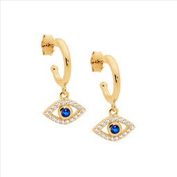Ss 13Mm Hoop Earrings, Wh & Blue Cz Evil Eye Drop W/Gold Plating