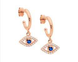 Ss 13Mm Hoop Earrings, Wh & Blue Cz Evil Eye Drop W/Rose Gold Plating