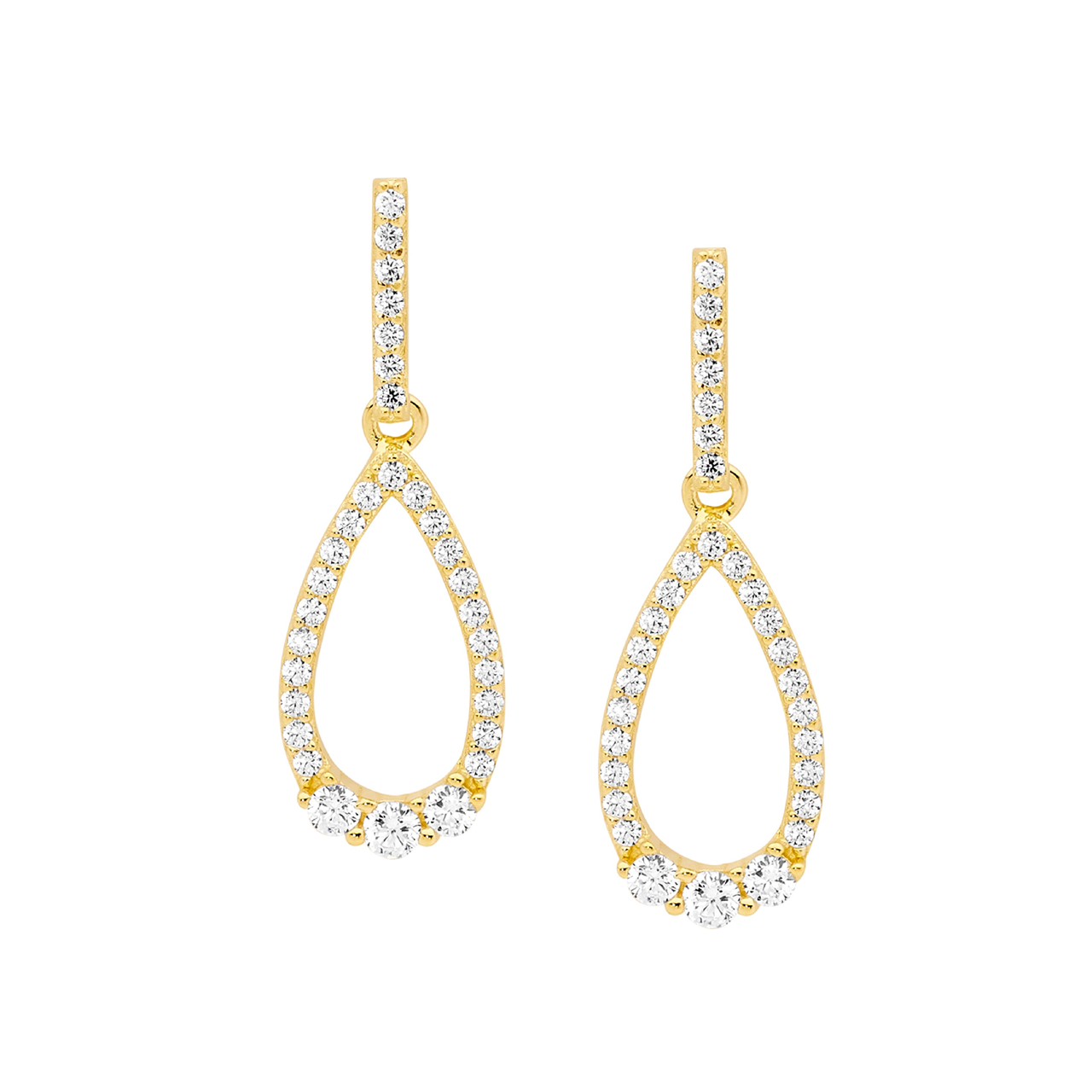 Ss Wh Cz Open Tear Drop Earrings,3X Cz Feature W/Gold Plating