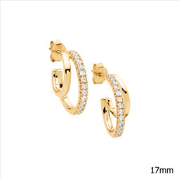 Ss 17Mm Dble Hoop Earrings, 1X Wh Cz W/Gold Plating