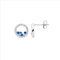 Ss Wh Cz 10Mm Open Circle Earrings W/ Scattered Blue & Wh Cz