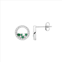 Ss Wh Cz 10Mm Open Circle Earrings W/ Scattered Green & Wh Cz