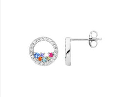 Ss Wh Cz 10Mm Open Circle Earrings W/ Scattered Multi Colour Cz