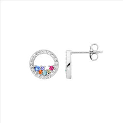 Ss Wh Cz 10Mm Open Circle Earrings W/ Scattered Multi Colour Cz