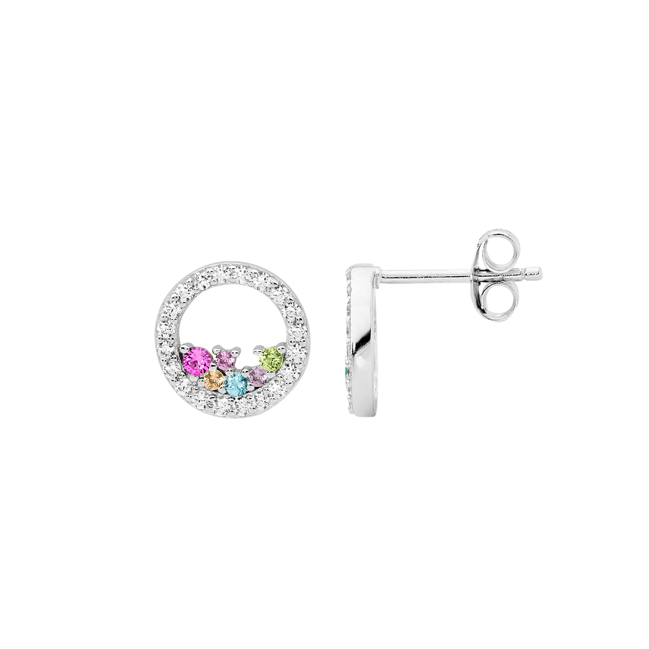 Ss Wh Cz 10Mm Open Circle Earrings W/ Scattered Pastel Colour Cz