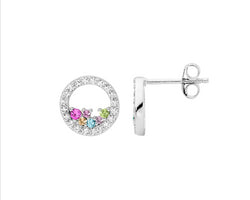 Ss Wh Cz 10Mm Open Circle Earrings W/ Scattered Pastel Colour Cz