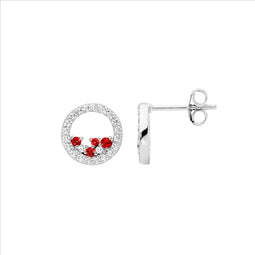 Ss Wh Cz 10Mm Open Circle Earrings W/ Scattered Red & Wh Cz