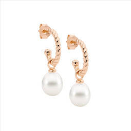 Ss 13Mm Twist Hoop Earrings, Freshwater Pearl Drop W/Rose Gold Plating
