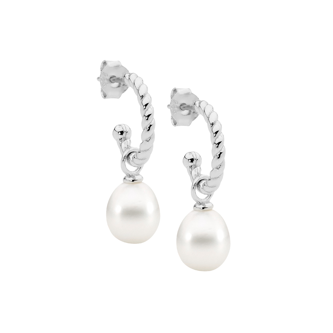 Ss 13Mm Twist Hoop Earrings, Freshwater Pearl Drop
