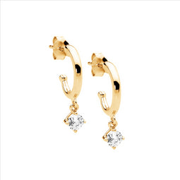 Ss 13Mm Hoop Earrings, Wh Cz Claw Set Drop W/Gold Plating