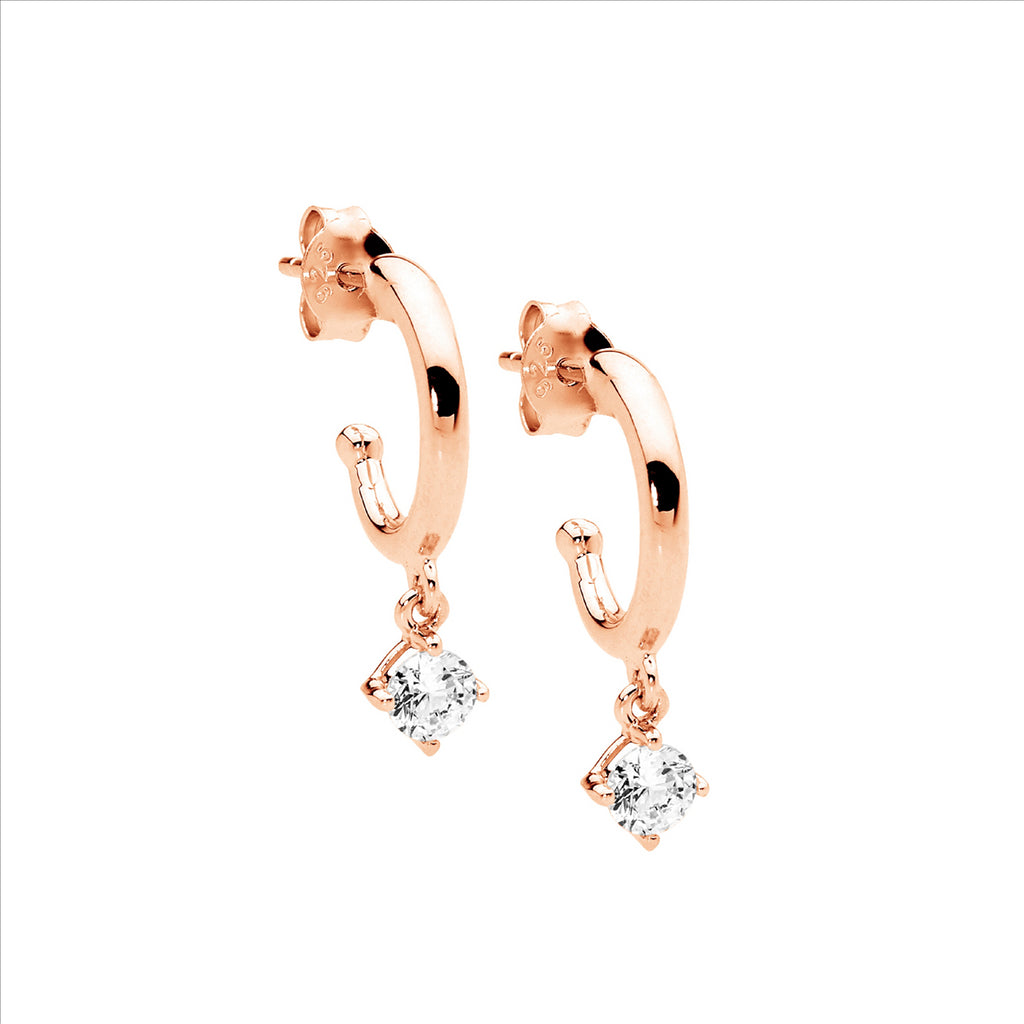 Ss 13Mm Hoop Earrings, Wh Cz Claw Set Drop W/Rose Gold Plating
