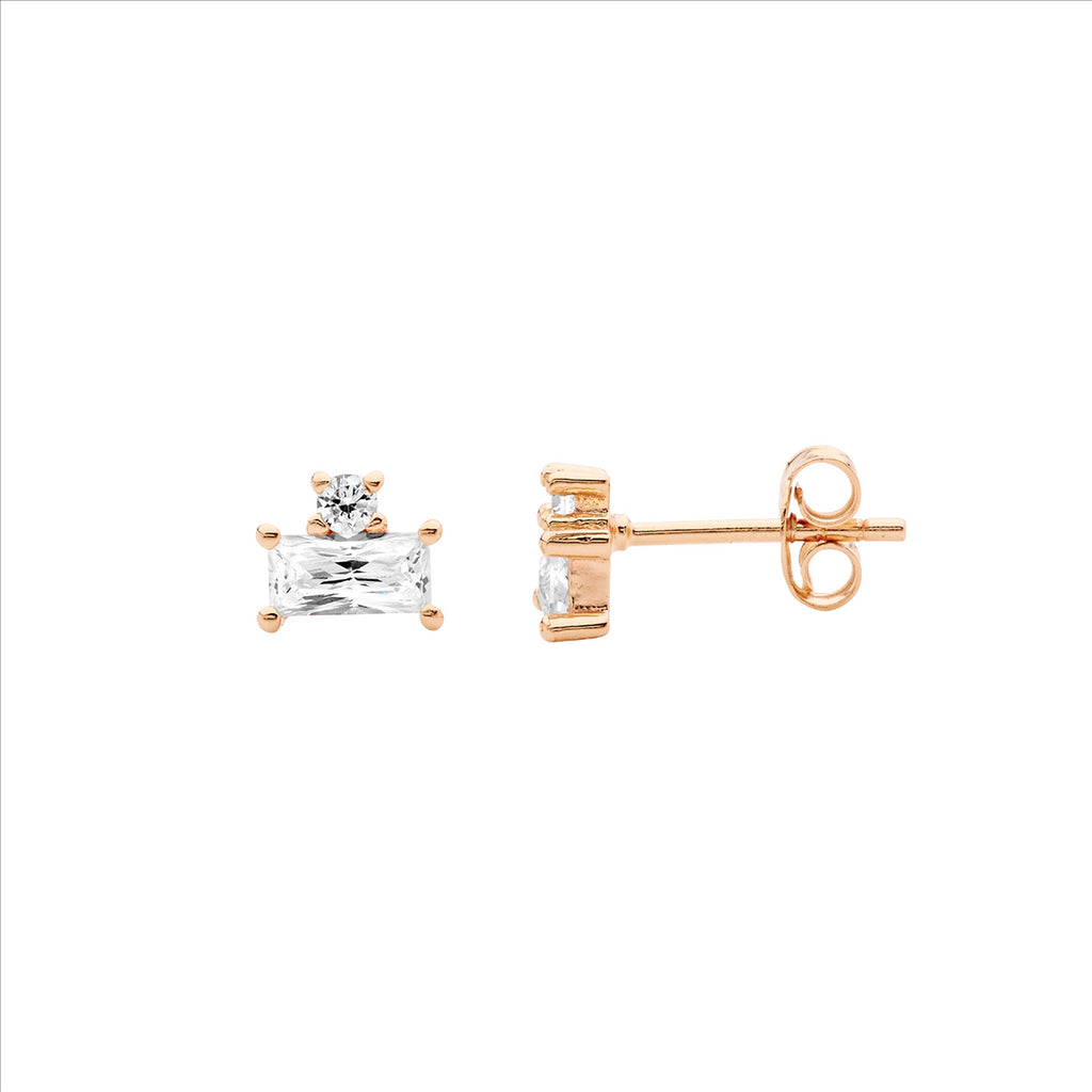 Ss Wh Cz Baguette & Rnd Stud Earrings W/Gold Plating