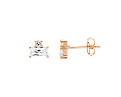 Ss Wh Cz Baguette & Rnd Stud Earrings W/Gold Plating