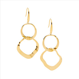 Stainless Steel Dbl Wave Open Circle Earrings W/Gold Ip Plating