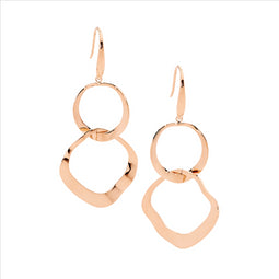 Stainless Steel Dbl Wave Open Circle Earrings W/Rose Gold Ip Plating