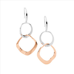 Stainless Steel Dbl Wave Open Circle Earrings W/2 Tone Rose Gold Ip Plating