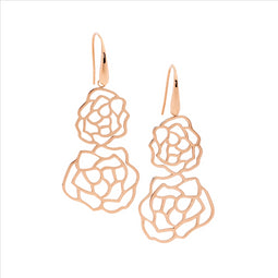 Stainless Steel Dbl Flower Earrings, Shp/Hook W/Rose Gold Ip Plating