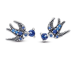 Swallows Sterling Silver Stud Earrings With Night Blue, Skylight Blue And Stellar Blue Crystal
