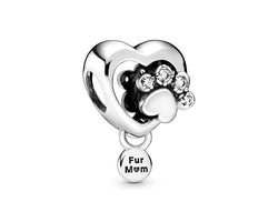 Sparkling Paw Print & Heart Silver Charm