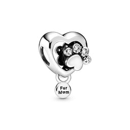 Sparkling Paw Print & Heart Silver Charm