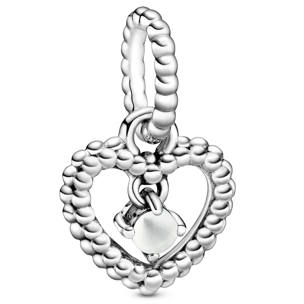 April Milky White Heart Silver Hanging Charm