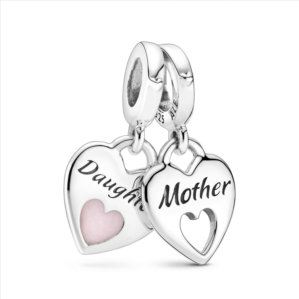 Mother And Daughter Hearts Silver Hanging Charm