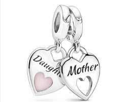 Mother And Daughter Hearts Silver Hanging Charm