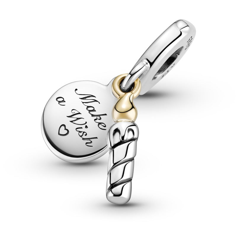 Birthday Candle And Disc Silver And 14K Gold Hanging Charm