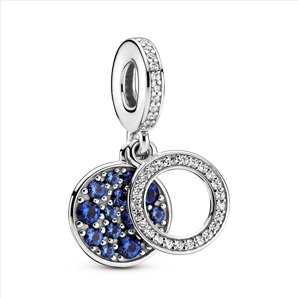 Circle & Disc Hanging Silver Charm With Stellar Blue Crystal