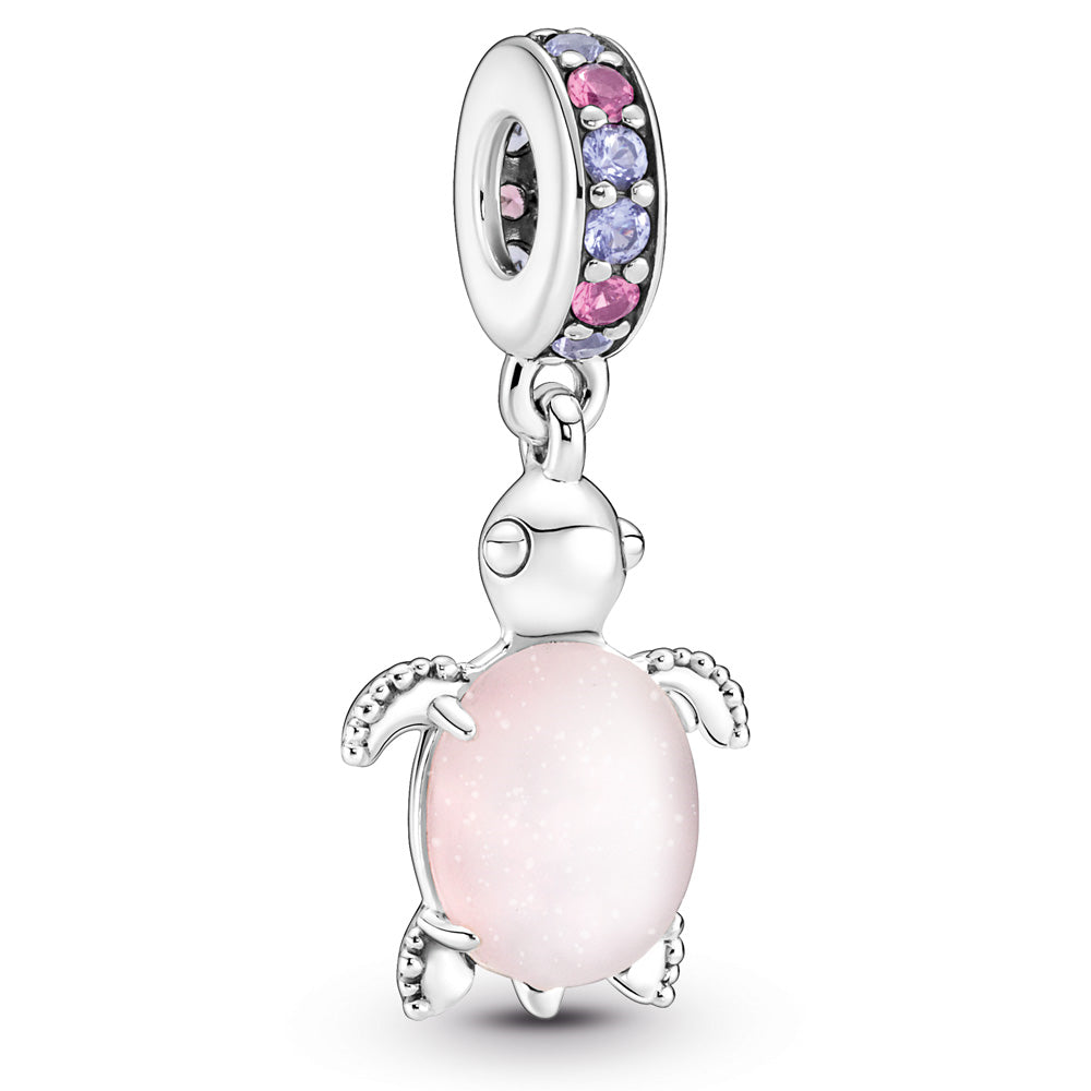 Pandora Sea Turtle Dangle Charm With Frosted Dichroic Pink Murano Glass