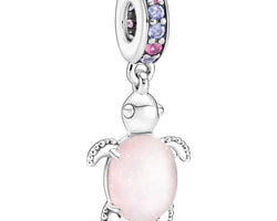 Pandora Sea Turtle Dangle Charm With Frosted Dichroic Pink Murano Glass