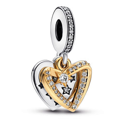 Heart Sterling Silver And 14K Gold-Plated Double Dangle With Clear Cubic Zirconia