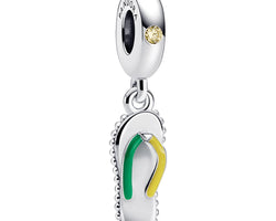 Flip Flop Sterling Silver Dangle With Yellow Cubic Zirconia, Green And Yellow Enamel