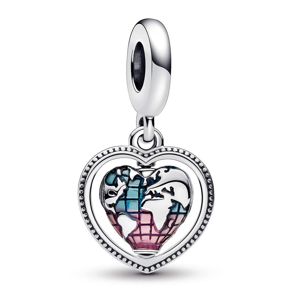 Spinning Heart World Sterling Silver Dangle With Transparent Pink And Blue Enamel