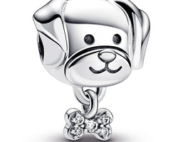 Dog Sterling Silver Charm With Clear Cubic Zirconia