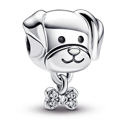 Dog Sterling Silver Charm With Clear Cubic Zirconia