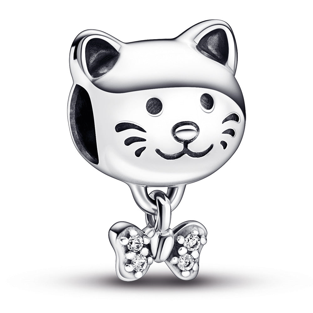 Cat Sterling Silver Charm With Clear Cubic Zirconia