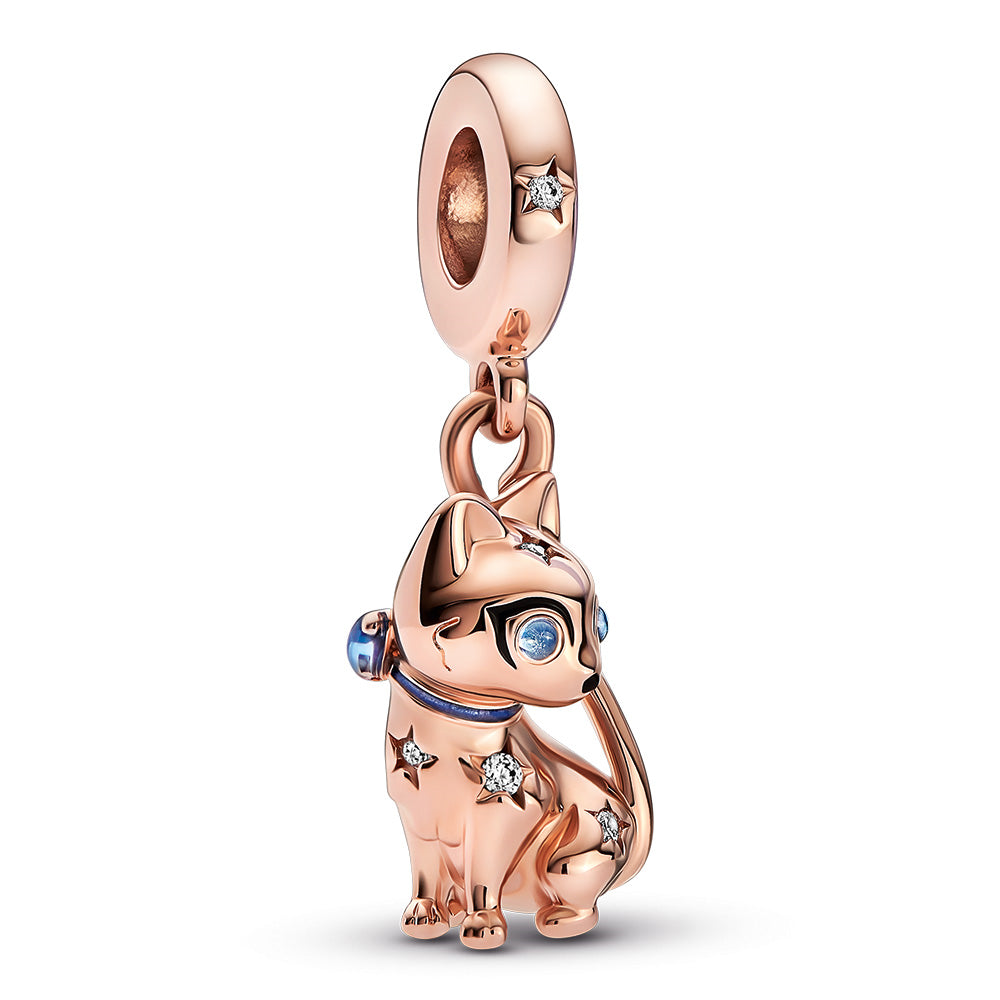 Cat 14K Rose Gold-Plated Dangle With Clear Cubic Zirconia, Icy Blue Crystal, Black And Transparent Blue Enamel