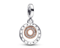 Pandora Logo Sterling Siler And 14K Rose Gold-Plated Dangle With Clear Cubic Zirconia